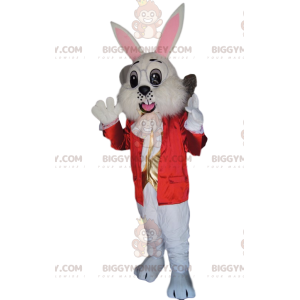 Hvid kanin BIGGYMONKEY™ maskotkostume med rød jakke og guldvest