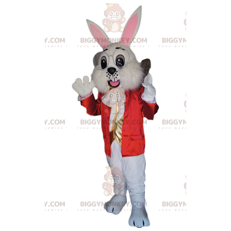 Kostým maskota bílého králíka BIGGYMONKEY™ s červenou bundou a Kostým maskota bílého králíka BIGGYMONKEY™ s červenou bundou a