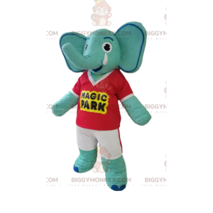 Κοστούμι μασκότ Blue Elephant BIGGYMONKEY™ με κόκκινο T-shirt και κίτρινο σορτς - Μασκότ ελεφάντων - BiggyMonkey.com