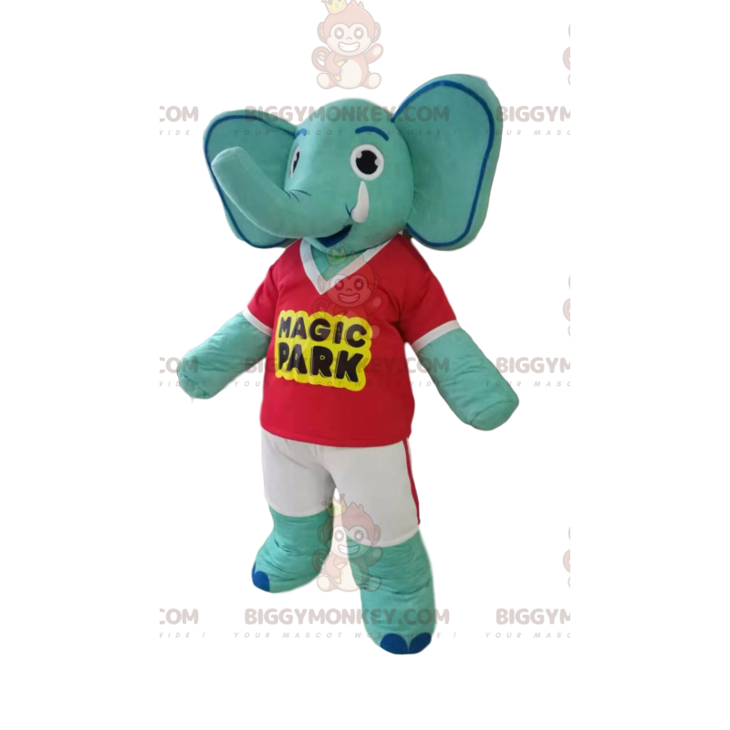 Blue Elephant BIGGYMONKEY™ Mascot Costume with Red T-Shirt and Blue Elephant BIGGYMONKEY™ Mascot Costume with Red T-Shirt and