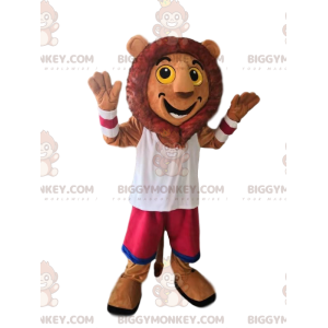 Kostým maskota Very Happy Lion BIGGYMONKEY™ s fuchsiovými