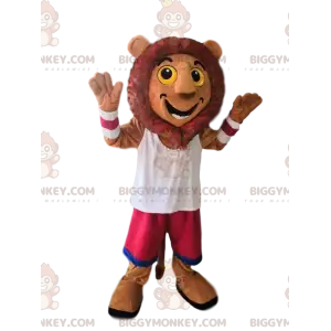 Very Happy Lion BIGGYMONKEY™ Mascot Costume with Fuchsia Shorts