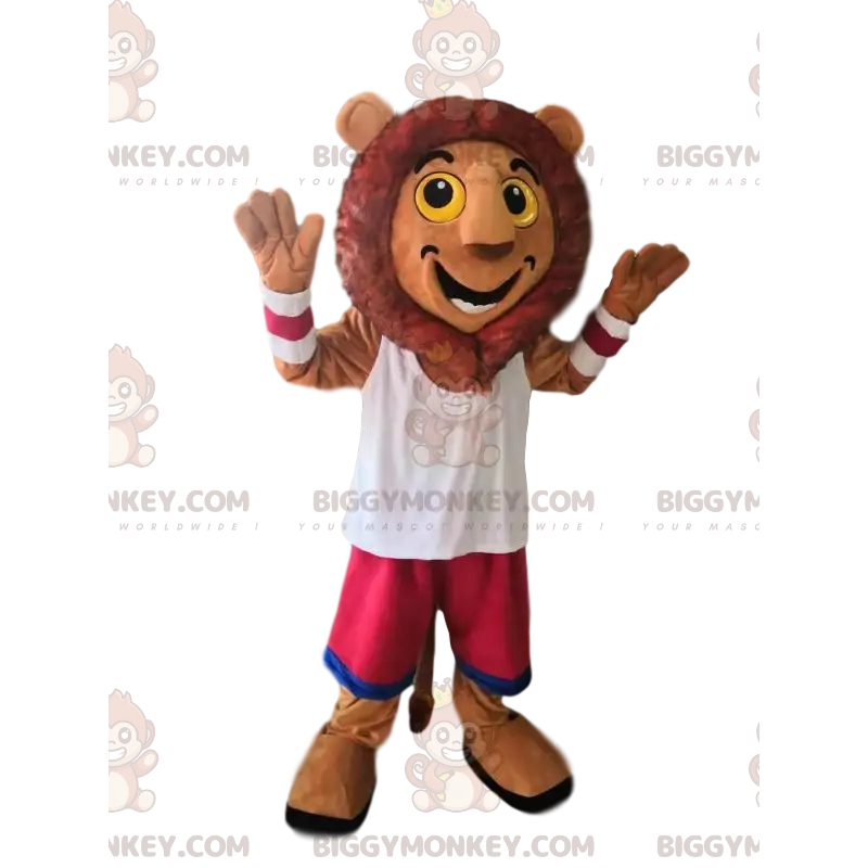 Very Happy Lion BIGGYMONKEY™ Mascot Costume with Fuchsia Shorts Very Happy Lion BIGGYMONKEY™ Mascot Costume with Fuchsia Shorts