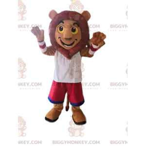 Very Happy Lion BIGGYMONKEY™ Mascot Costume with Fuchsia Shorts