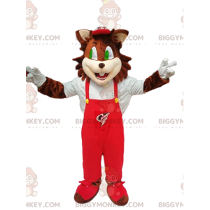 Brown Cat BIGGYMONKEY™ Mascot Costume With Red Overalls -
