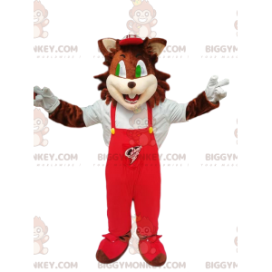 Καφέ Γάτα μασκότ BIGGYMONKEY™ με κόκκινη φόρμα - Biggymonkey.com