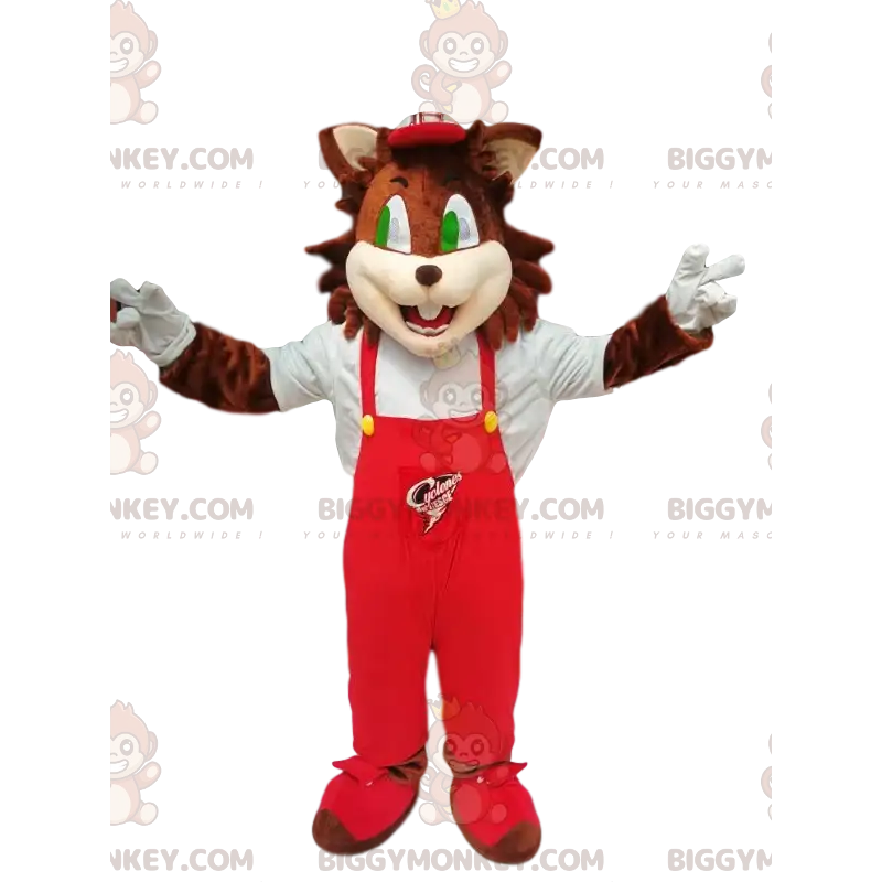 Brown Cat BIGGYMONKEY™ Mascot Costume With Red Overalls – Brown Cat BIGGYMONKEY™ Mascot Costume With Red Overalls –
