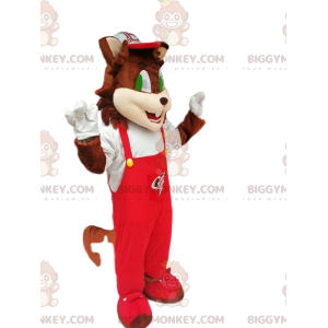 Disfraz de mascota de gato marrón BIGGYMONKEY™ con overol rojo