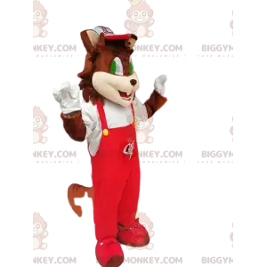 Καφέ Γάτα μασκότ BIGGYMONKEY™ με κόκκινη φόρμα - Biggymonkey.com