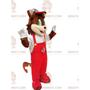 Brun katt BIGGYMONKEY™ maskotdräkt med röd overall -