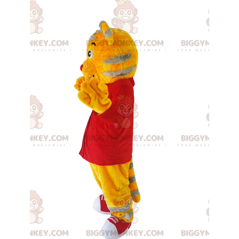 BIGGYMONKEY™ maskotkostyme Gul tiger med rød skjorte - Uklassifiserte maskoter - BIGGYMONKEY_013951 - BiggyMonkey.com