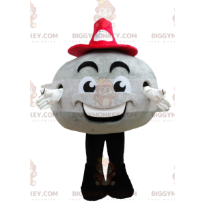 BIGGYMONKEY™ maskotkostume rund grå snemand med rød hat -