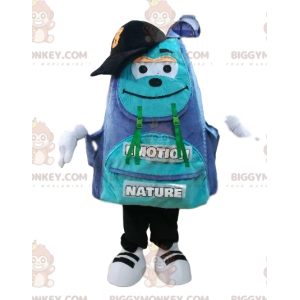 Sininen ja violetti reppu BIGGYMONKEY™ maskottiasu suurella