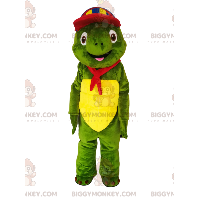 Green Turtle BIGGYMONKEY™ Mascot Costume with Multicolor Cap