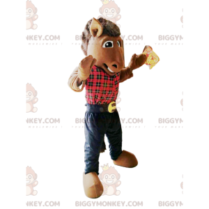 Horse BIGGYMONKEY™ Mascot Costume with Red Plaid Shirt -