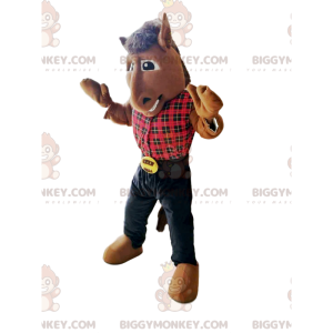 Horse BIGGYMONKEY™ Mascot Costume with Red Plaid Shirt –