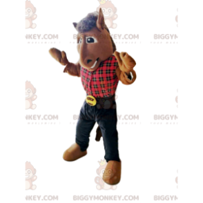 Horse BIGGYMONKEY™ Mascot Costume with Red Plaid Shirt -