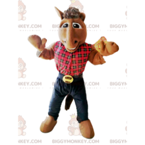 Horse BIGGYMONKEY™ Mascot Costume with Red Plaid Shirt -