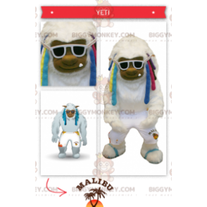 Kostým BIGGYMONKEY™ Fat White Yeti maskota s barevnými dredy –