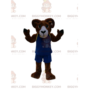 Bruine Ram BIGGYMONKEY™ Mascottekostuum met blauwe sportkleding
