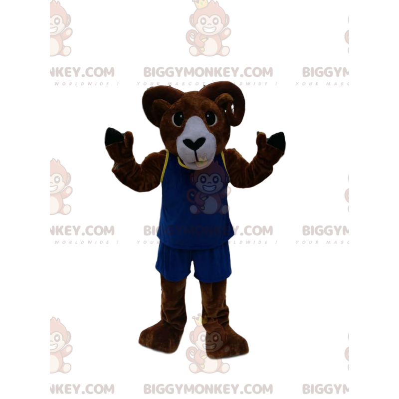 Brown Ram BIGGYMONKEY™ Mascot Costume With Blue Sportswear -