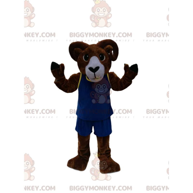 Brązowy kostium maskotki Ram BIGGYMONKEY™ z niebieską odzieżą Brązowy kostium maskotki Ram BIGGYMONKEY™ z niebieską odzieżą