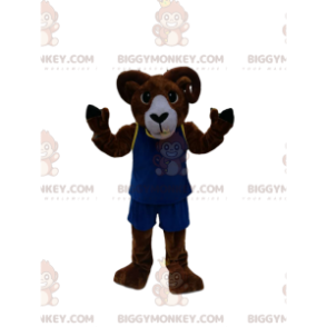 Brown Ram BIGGYMONKEY™ Mascot Costume With Blue Sportswear -