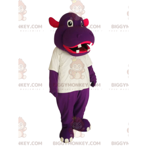 Purple hippo BIGGYMONKEY™ mascot costume with white t-shirt -