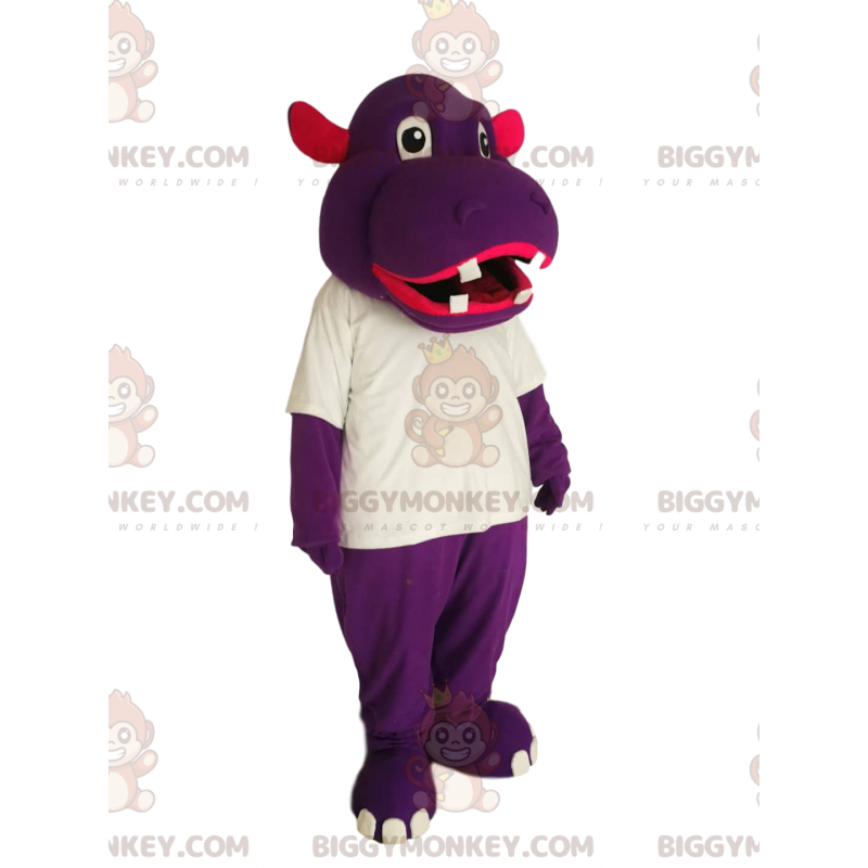 Purppura virtahepo BIGGYMONKEY™ maskottiasu valkoisella Purppura virtahepo BIGGYMONKEY™ maskottiasu valkoisella