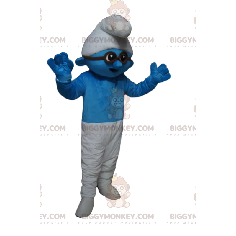 Disfraz de mascota BIGGYMONKEY™ Pitufo azul y blanco con gafas Disfraz de mascota BIGGYMONKEY™ Pitufo azul y blanco con gafas