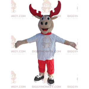 Reindeer BIGGYMONKEY™ Mascot Costume with Red Antlers and White