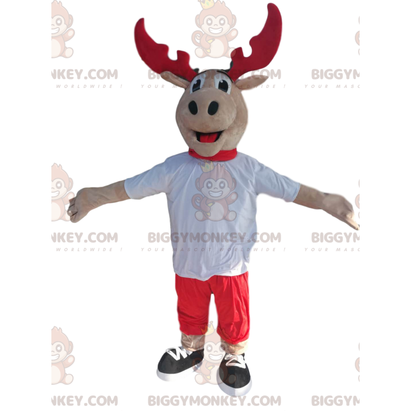 Rensdyr BIGGYMONKEY™ maskotkostume med rødt gevir og hvid trøje Rensdyr BIGGYMONKEY™ maskotkostume med rødt gevir og hvid trøje