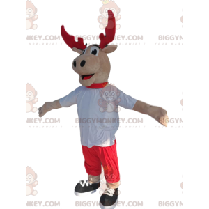 Reindeer BIGGYMONKEY™ Mascot Costume with Red Antlers and White