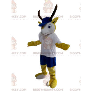 Kostým maskota BIGGYMONKEY™ Žlutý a bílý kozorožec s modrou