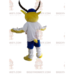 Kostým maskota BIGGYMONKEY™ Žlutý a bílý kozorožec s modrou