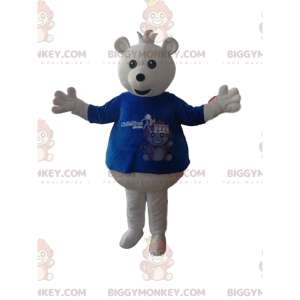 BIGGYMONKEY™ Weißes Teddybär-Maskottchen-Kostüm mit blauem