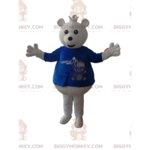 BIGGYMONKEY™ Vit nallebjörnmaskotdräkt med blå t-shirt - Bärmaskot - BIGGYMONKEY_014019 - BiggyMonkey.com