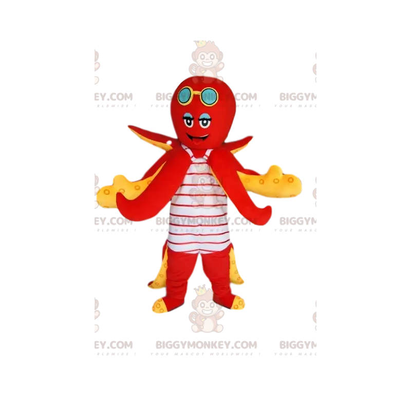 Röd bläckfisk BIGGYMONKEY™ maskotdräkt med randig baddräkt - Röd bläckfisk BIGGYMONKEY™ maskotdräkt med randig baddräkt -