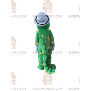 BIGGYMONKEY™ maskotkostyme Gule prikker Grønn dinosaur med hvit hatt - Dinosaur-maskoter - BIGGYMONKEY_014024 - BiggyMonkey.com