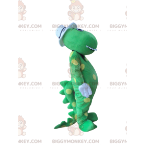 BIGGYMONKEY™ maskotkostyme Gule prikker Grønn dinosaur med hvit hatt - Dinosaur-maskoter - BIGGYMONKEY_014024 - BiggyMonkey.com