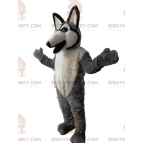 BIGGYMONKEY™ mascottekostuum grijze en witte wolf met blauwe