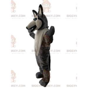 BIGGYMONKEY™ Μασκότ Κοστούμι Γκρι και Λευκός Λύκος με Μπλε