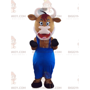 Bruine koe BIGGYMONKEY™ mascottekostuum met blauwe overall -