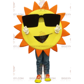 Traje de mascote BIGGYMONKEY™ Sol amarelo e laranja com óculos