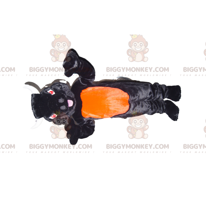 Traje de mascote BIGGYMONKEY™ Touro preto e laranja com olhos Traje de mascote BIGGYMONKEY™ Touro preto e laranja com olhos