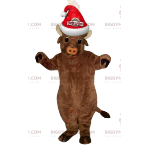 BIGGYMONKEY™ Mascot Costume Very Smiling Brown Cow With Santa