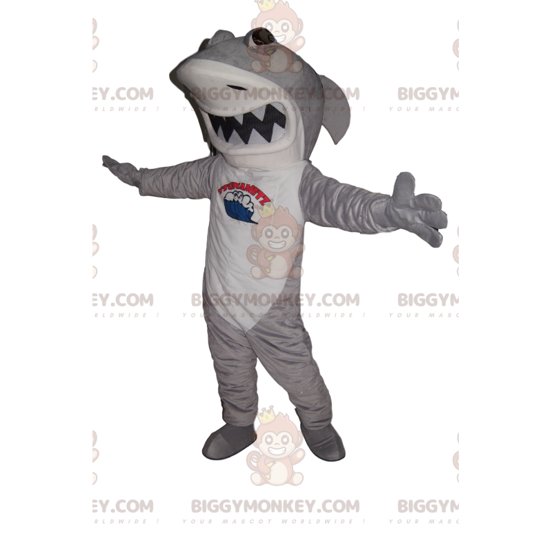 Kostium maskotka szaro-biały rekin BIGGYMONKEY™ z dużą szczęką Kostium maskotka szaro-biały rekin BIGGYMONKEY™ z dużą szczęką