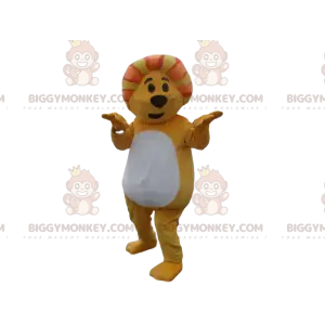 Traje de mascote de leão amarelo e laranja super divertido