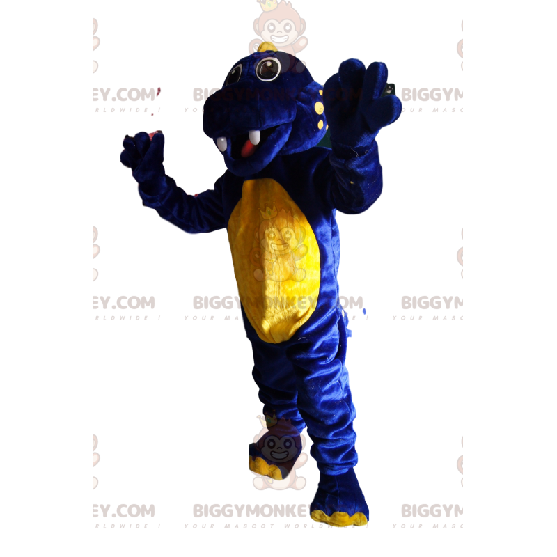 Costume da mascotte BIGGYMONKEY™ dinosauro blu e giallo super Costume da mascotte BIGGYMONKEY™ dinosauro blu e giallo super