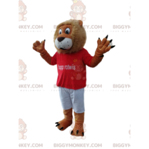 Fun Lion BIGGYMONKEY™ Mascot Costume With Red Supporter Shirt - Lion mascots - BIGGYMONKEY_014075 - BiggyMonkey.com